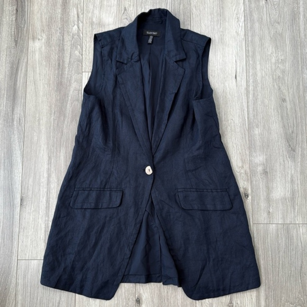 Linen Ellen Tracy Navy Tailored Vest Top
